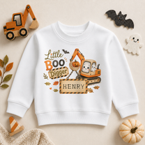 Personalised Little Boo Digger Halloween Kids Sweatshirt for Boys, Excavator with Ghost Driver