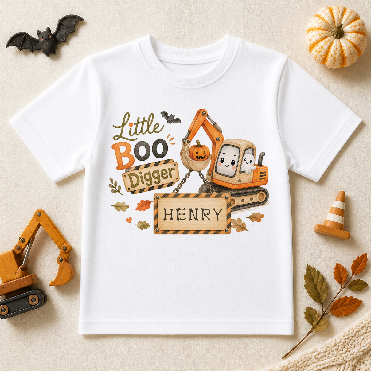 Personalised Halloween Kids T-Shirt for Boys, Little Boo Digger with Ghost Driver and Pumpkin