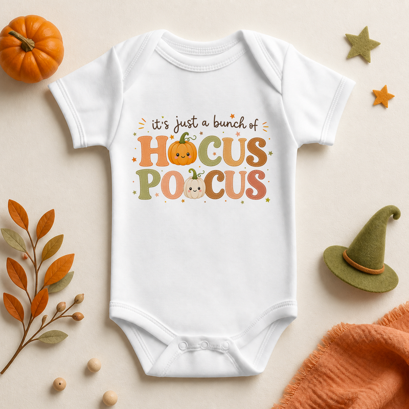 Hocus Pocus Baby Vest Bodysuit, Retro Halloween Lettering with Pumpkin and Ghost