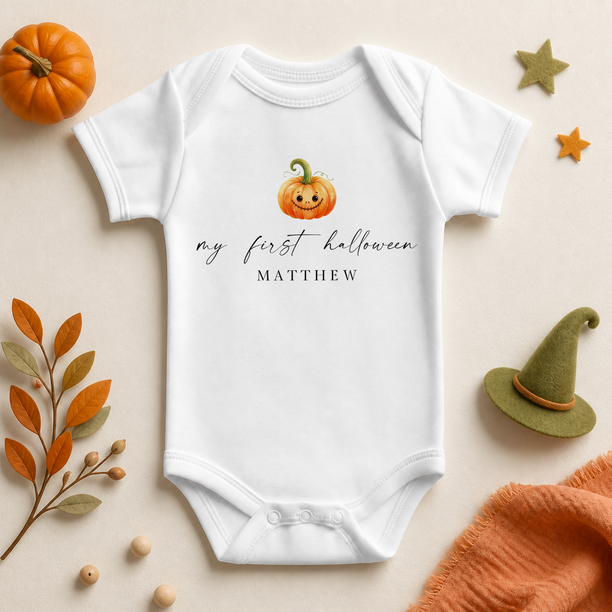 Personalised My First Halloween Baby Vest Bodysuit, Watercolour Smiling Pumpkin