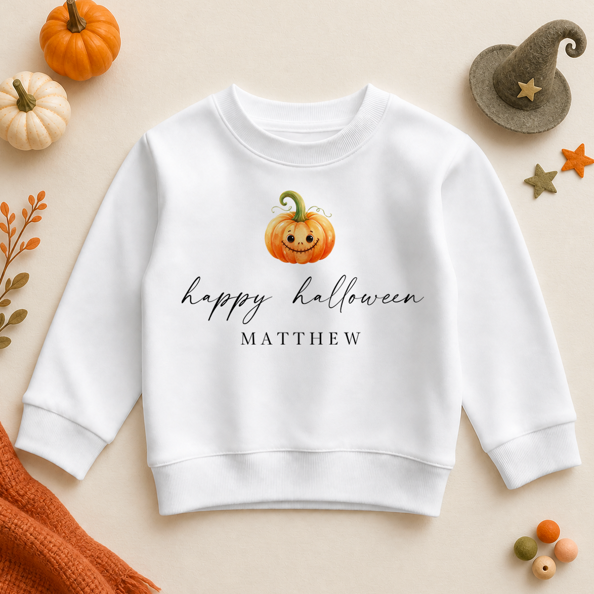 Personalised Happy Halloween Pumpkin Illustration Sweatshirt for Kids