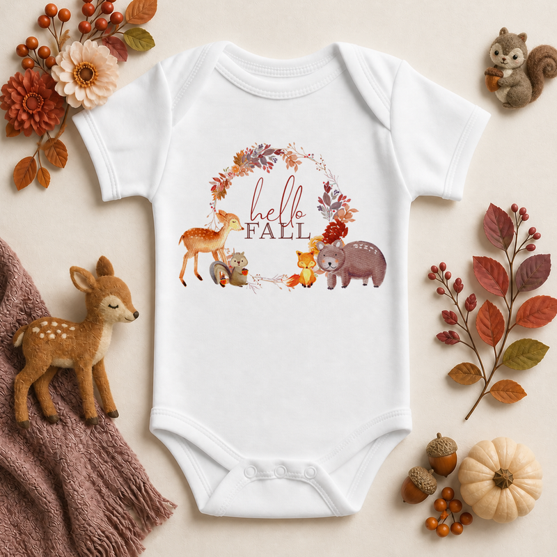 Hello Fall Baby Vest Bodysuit, Halloween Woodland Animals Autumn Wreath