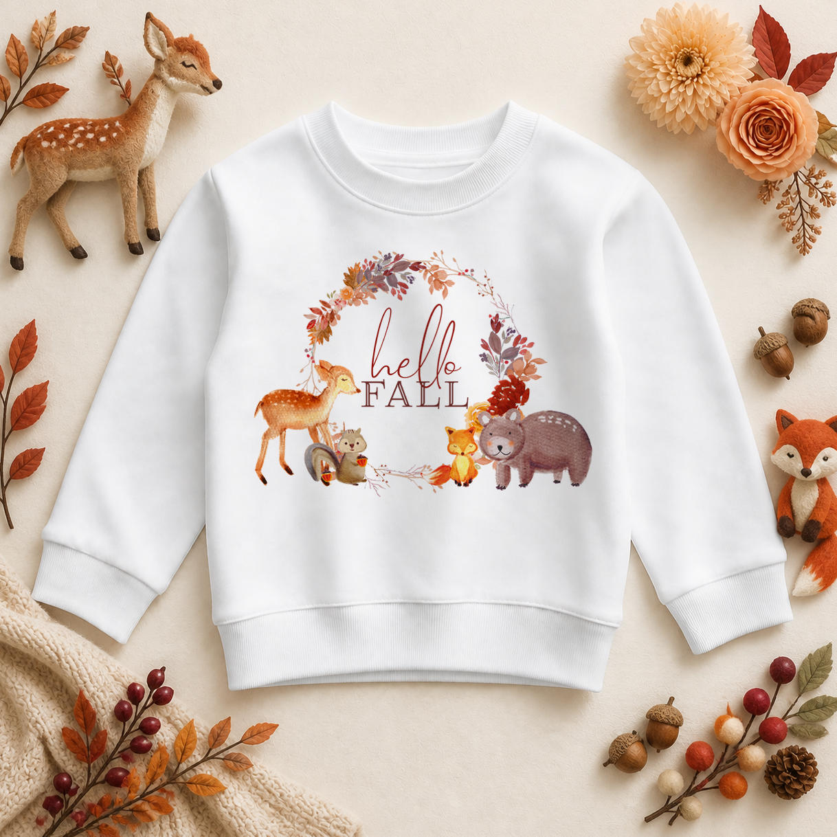 Halloween Hello Fall Sweatshirt for Kids, Deer Fox Bear and Squirrel Wreath