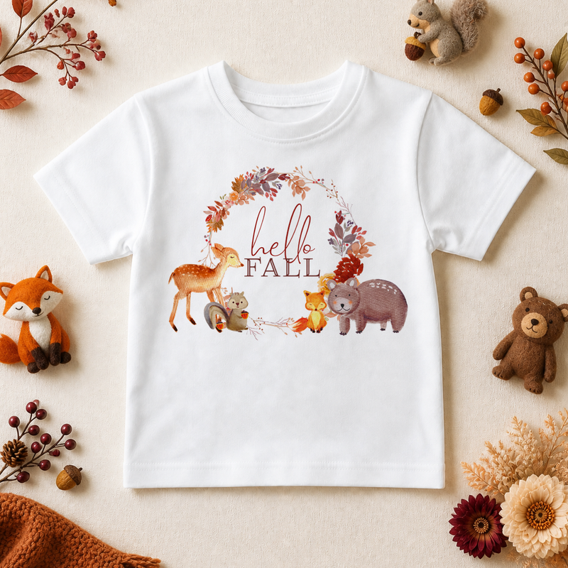 Halloween Hello Fall Woodland Animals T-Shirt for Kids