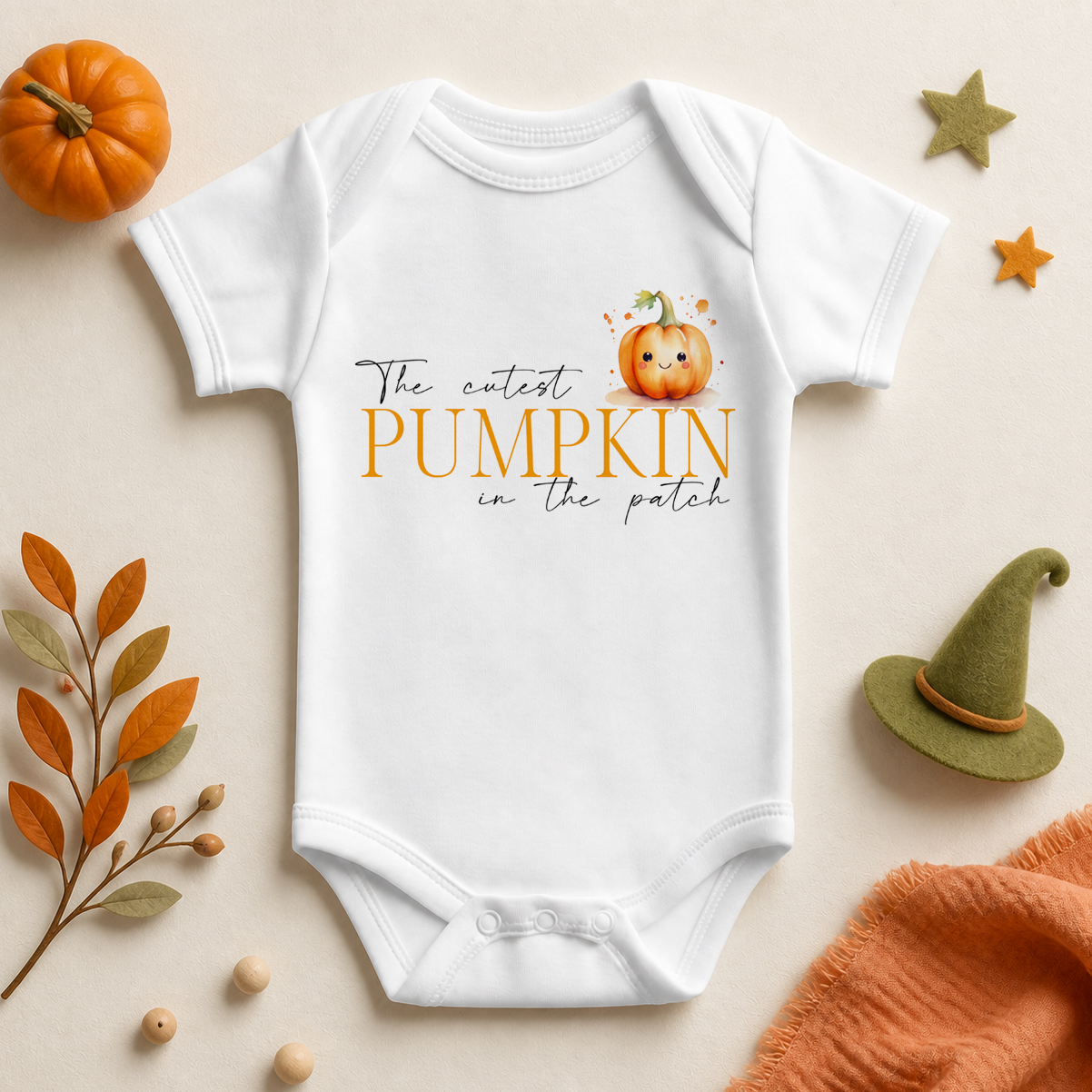 The Cutest Pumpkin in the Patch Baby Vest Bodysuit, Halloween Script Lettering