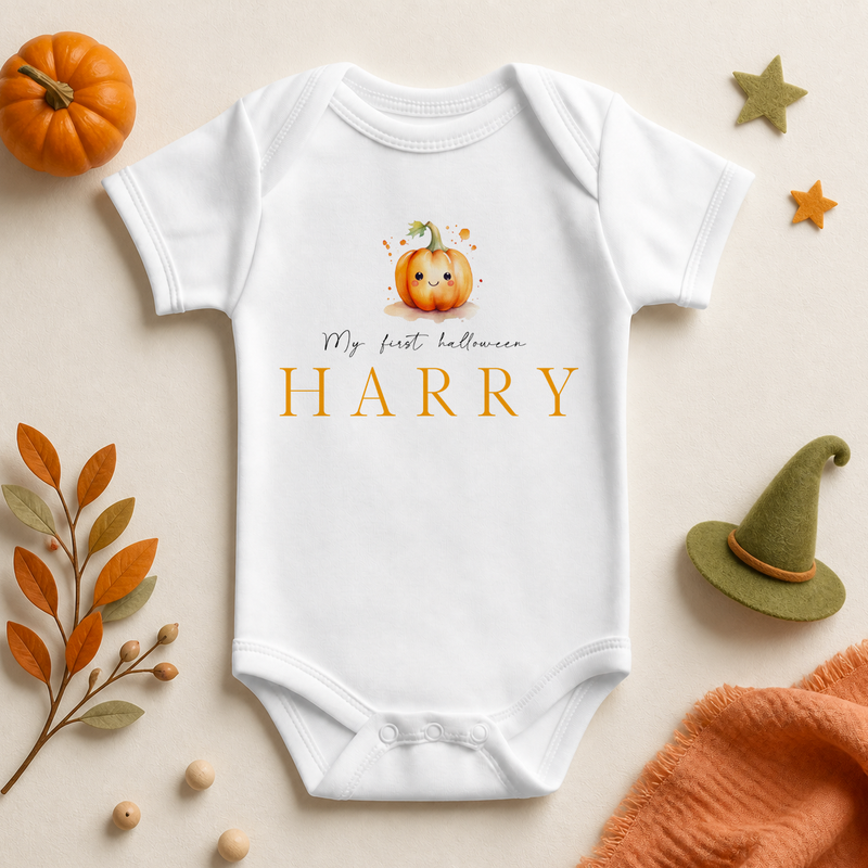 Personalised My First Halloween Baby Vest Bodysuit, Cute Smiling Pumpkin