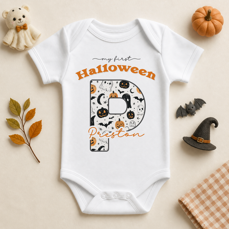 Personalised My First Halloween Baby Vest Bodysuit, Initial Letter with Pumpkins and Ghosts