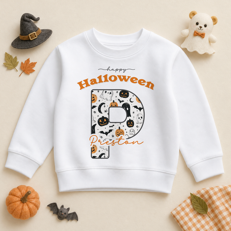 Personalised Halloween Initial Sweatshirt for Kids, Letter with Pumpkins Ghosts and Bats