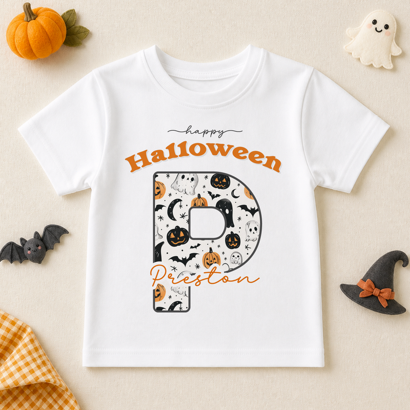 Personalised Halloween Pumpkin, Ghost & Cat Initial T-Shirt for Kids