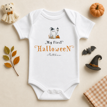 Personalised My First Halloween Baby Vest Bodysuit, Ghost with Witch Hat and Lantern