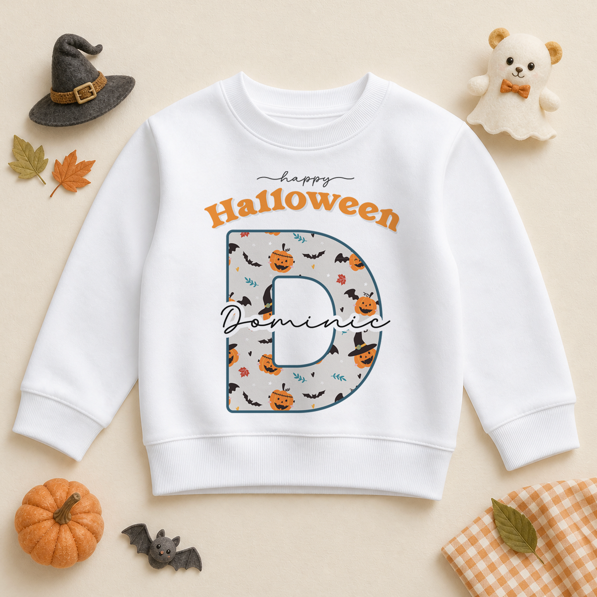 Personalised Halloween Initial Pumpkin & Bats Sweatshirt for Toddler & Kids