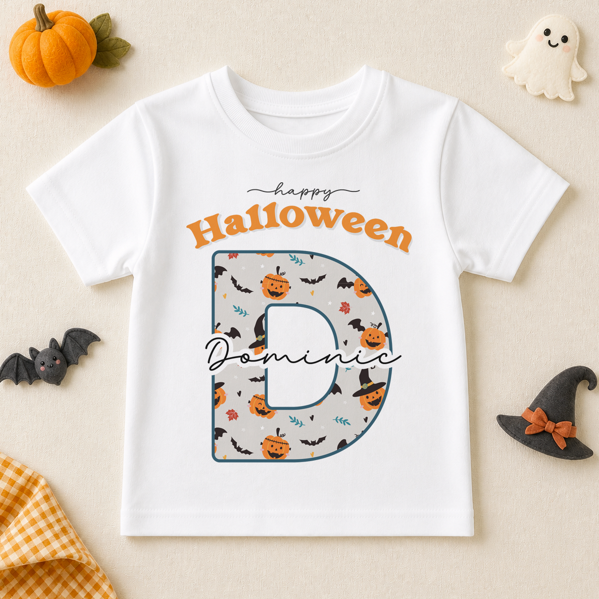 Personalised Halloween Initial Pumpkin Bat T-Shirt for Kids