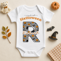 Personalised My First Halloween Baby Vest Bodysuit, Grey Initial with Pumpkins and Boo Ghosts