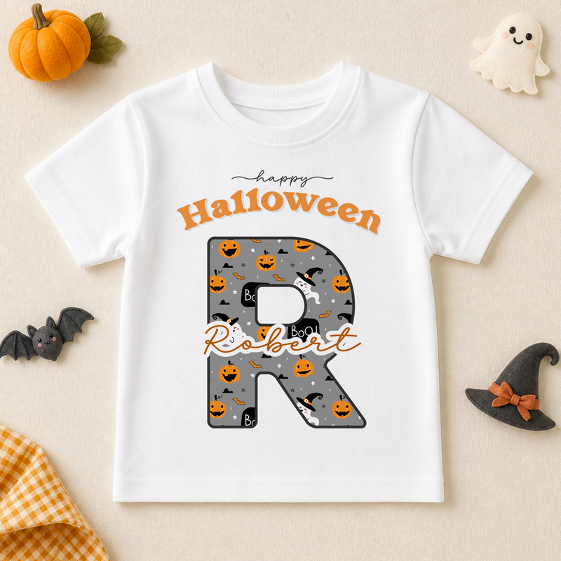 Personalised Happy Halloween Witch Hat Initial T-Shirt for Kids