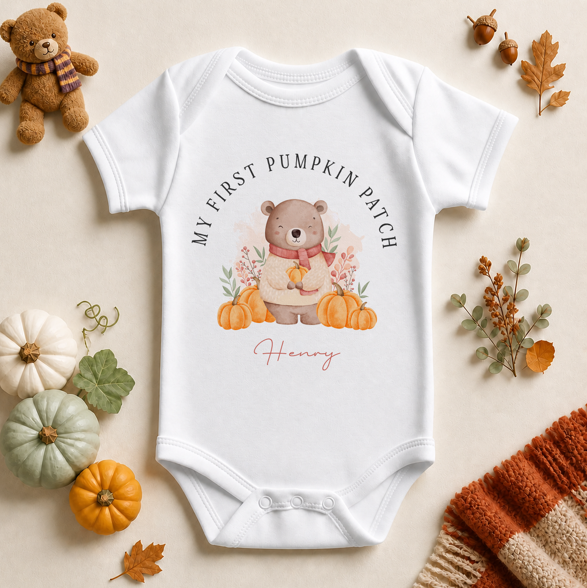 Personalised My First Pumpkin Patch Baby Vest Bodysuit, Halloween Bear with Pumpkins