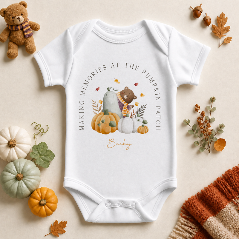 Personalised Halloween Baby Vest Bodysuit, Making Memories at the Pumpkin Patch Bear