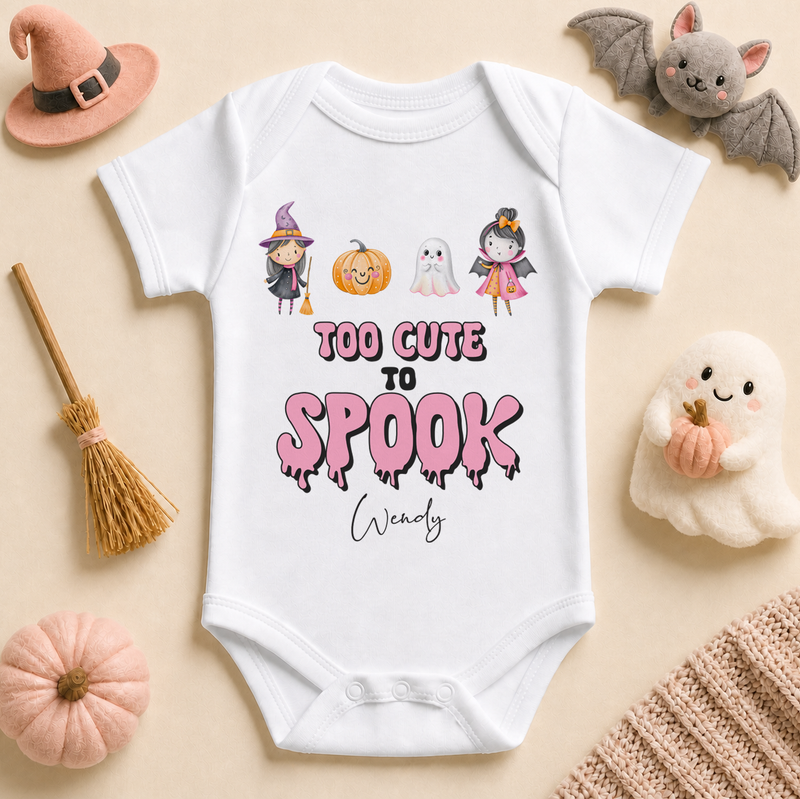 Personalised Halloween Baby Vest Bodysuit for Girls, Pink Too Cute to Spook Witch and Vampire