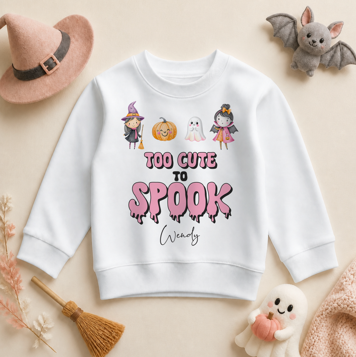 Personalised Too Cute to Spook Halloween Kids Sweatshirt for Girls, Pink Witch Pumpkin Ghost and Vampire