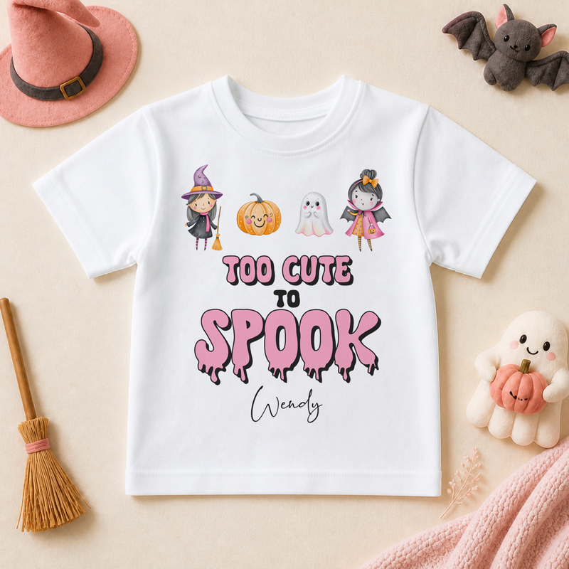 Personalised Halloween Kids T-Shirt for Girls, Pink Too Cute to Spook Witch and Vampire