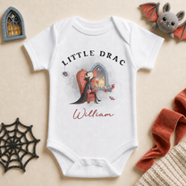 Personalised Little Drac Baby Vest Bodysuit, Halloween Dracula in the Armchair