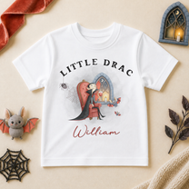 Personalised Halloween T-Shirt for Kids, Little Drac Cartoon Dracula by the Window