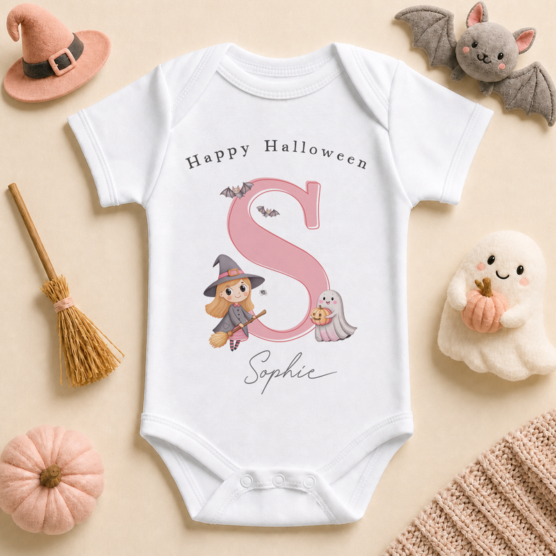 Personalised Halloween Baby Vest Bodysuit for Girls, Pink Initial with Witch and Ghost