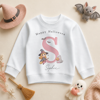 Personalised Pink Initial Halloween Kids Sweatshirt for Girls, Witch on Broomstick and Ghost