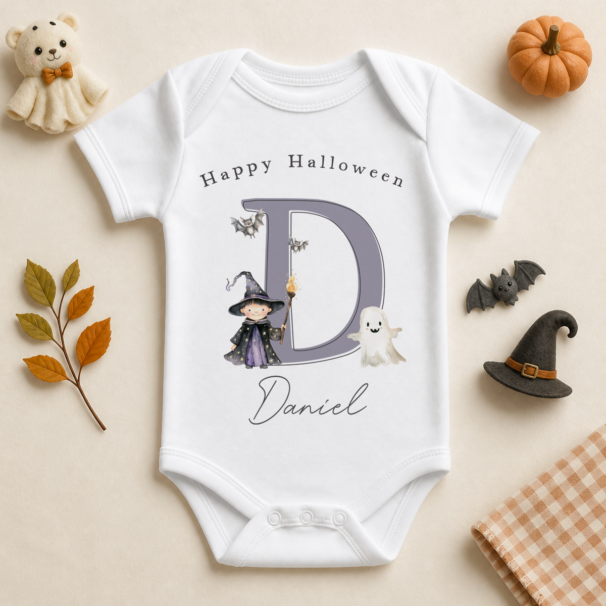 Personalised Halloween Baby Vest Bodysuit, Lilac Initial with Witch and Ghost