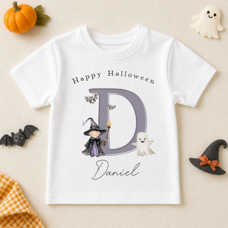 Personalised Happy Halloween Witch, Ghost & Initial T-Shirt for Kids