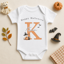 Personalised Halloween Baby Vest Bodysuit, Orange Initial with Ghost Pumpkin and Cat