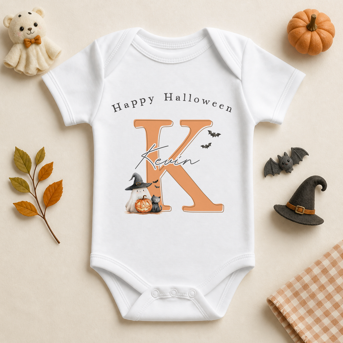 Personalised Halloween Baby Vest Bodysuit, Orange Initial with Ghost Pumpkin and Cat