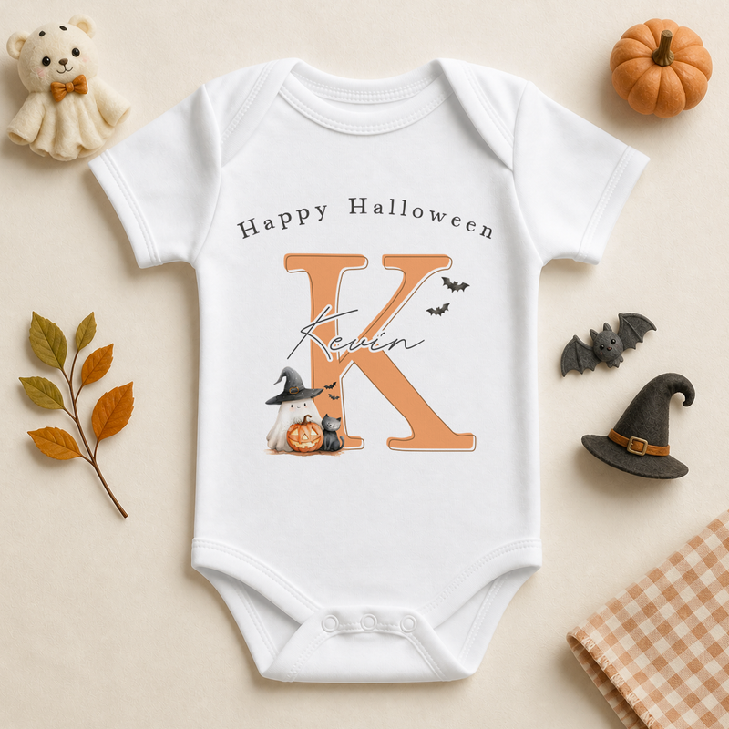 Personalised Halloween Baby Vest Bodysuit, Orange Initial with Ghost Pumpkin and Cat