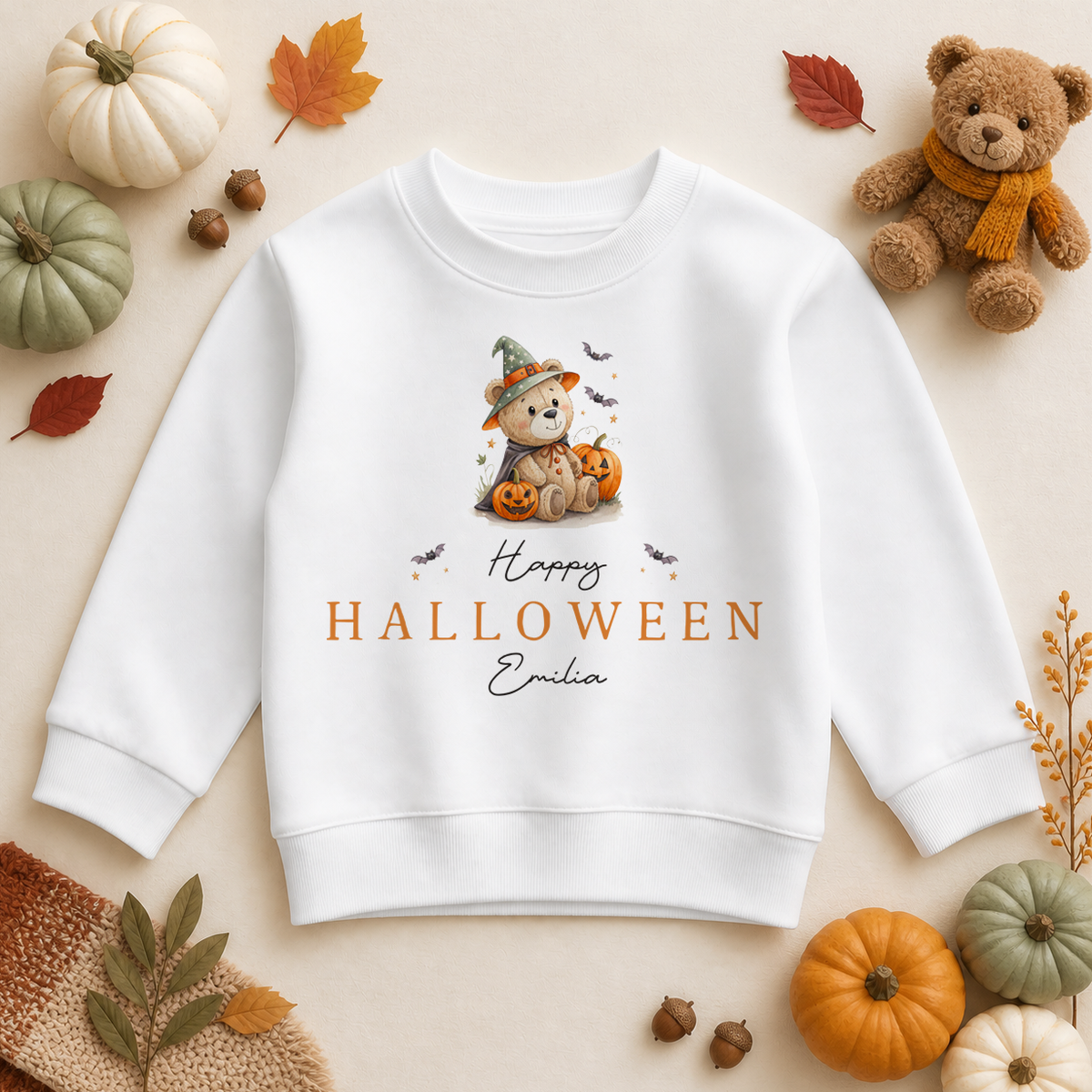 Personalised Halloween Teddy Bear Witch Hat & Pumpkin Sweatshirt for Kids