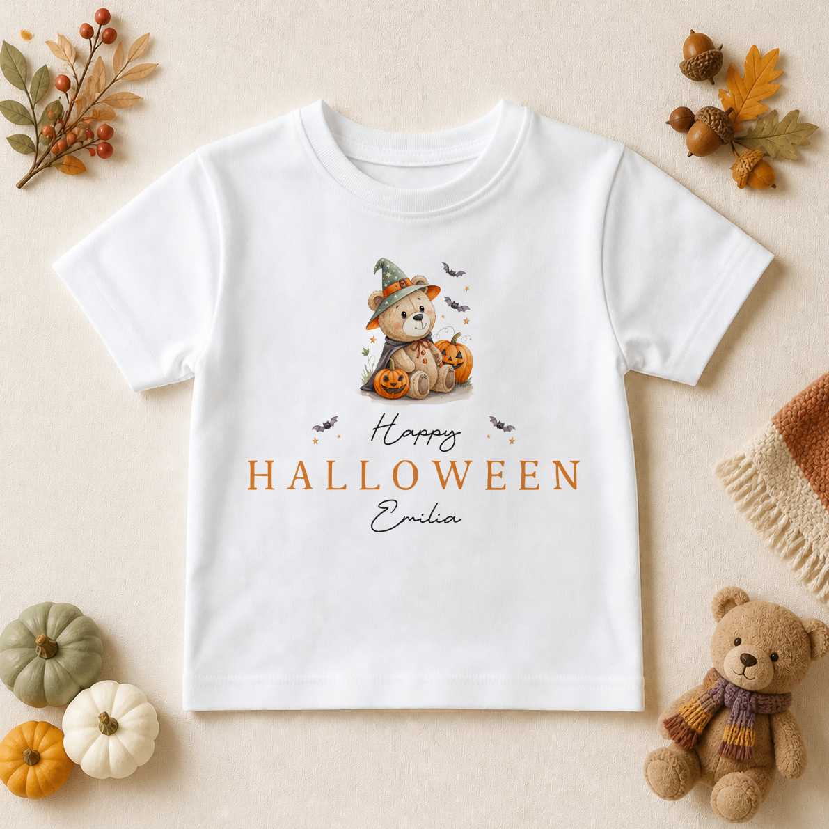 Personalised Halloween Teddy Bear, Pumpkins & Bats T-Shirt for Kids