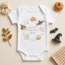 Personalised My First Halloween Baby Vest Bodysuit, Ghosts Pumpkins and Mummy Wreath
