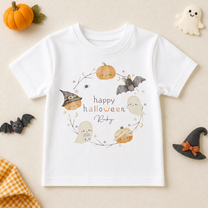 Personalised Halloween Cute Ghost & Pumpkin Wreath T-Shirt for Kids