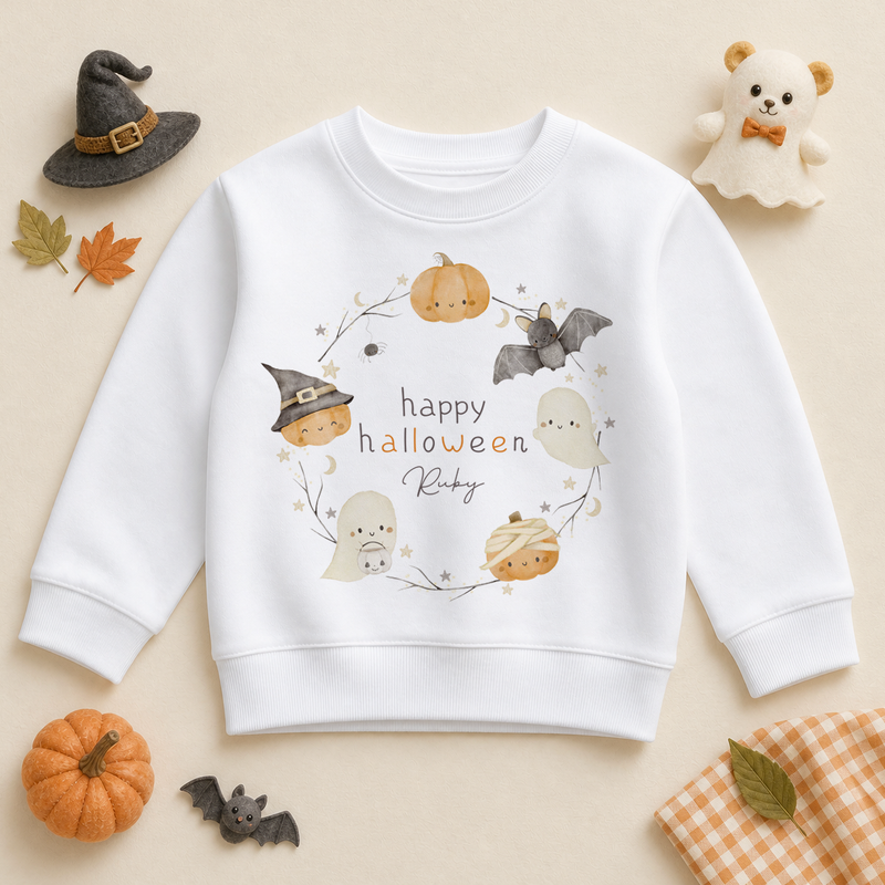 Personalised Halloween Cute Ghost & Pumpkin Wreath Sweatshirt for Kids