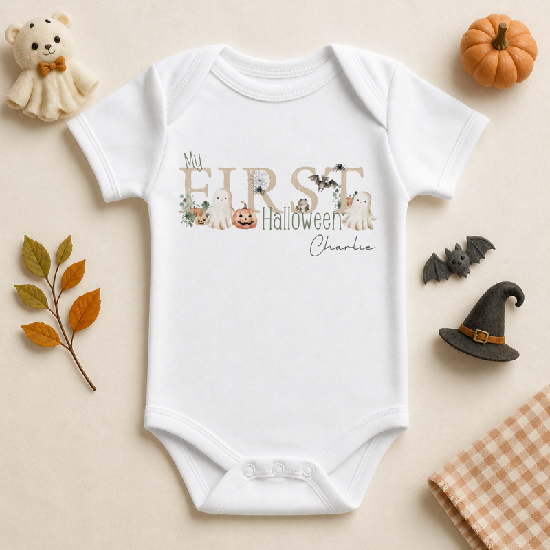 Personalised My First Halloween Baby Vest Bodysuit, Decorated Letters with Ghosts and Pumpkin