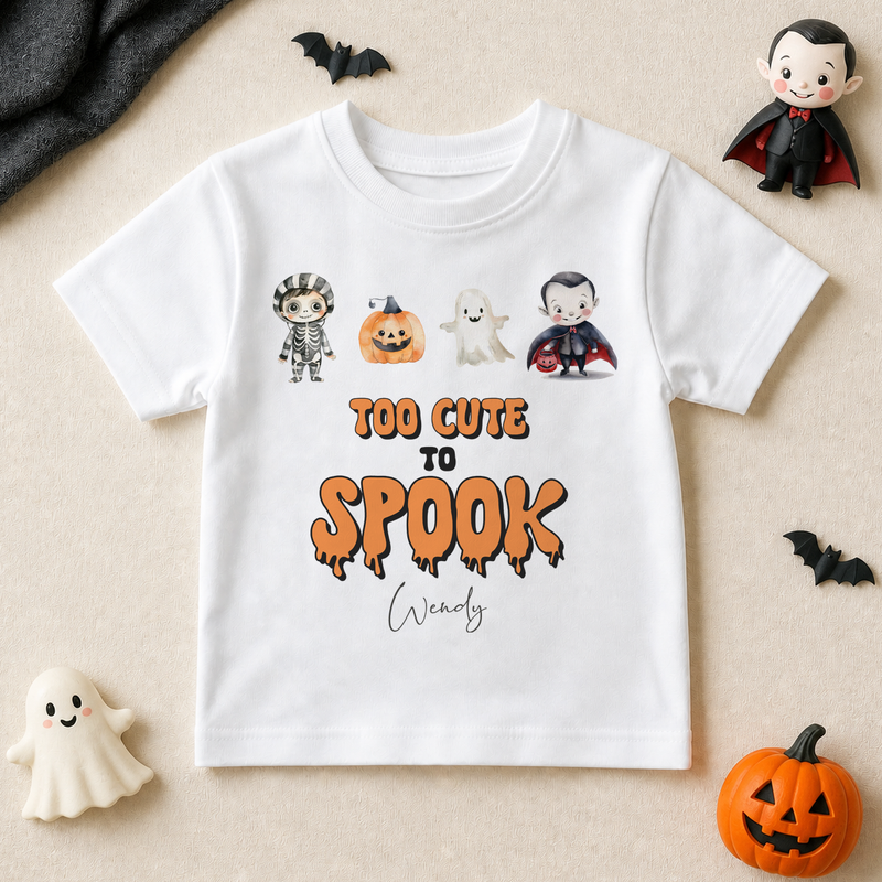 Personalised Skeleton and Vampire Halloween Kids T-Shirt, Too Cute to Spook