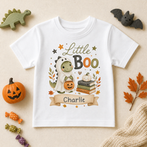 Personalised Halloween Kids T-Shirt, Little Boo Dinosaur in Ghost Costume with Pumpkin Bucket