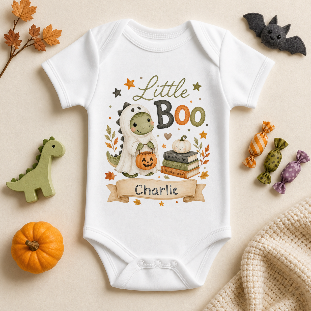 Personalised Dinosaur Baby Vest Bodysuit, Halloween Little Boo in a Ghost Costume