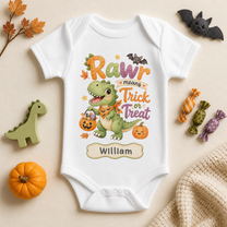 Personalised T-Rex Baby Vest Bodysuit, Halloween Rawr Means Trick or Treat Dinosaur