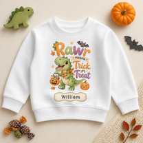 Personalised Trick or Treat Halloween Kids Sweatshirt, Rawr T-Rex with Pumpkin Bucket