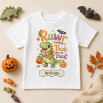 Personalised Halloween Kids T-Shirt, Rawr Means Trick or Treat T-Rex Dinosaur