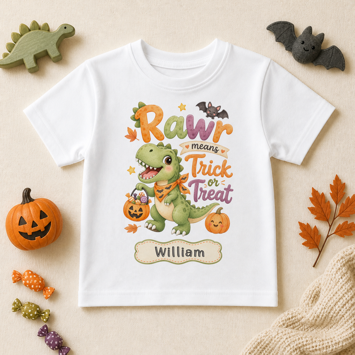Personalised Halloween Kids T-Shirt, Rawr Means Trick or Treat T-Rex Dinosaur