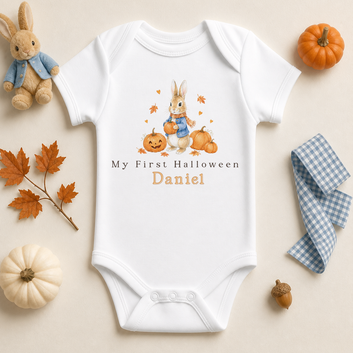 Personalised My First Halloween Baby Vest Bodysuit, Bunny in Blue Coat Holding a Pumpkin