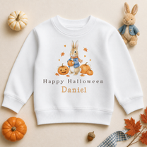 Personalised Bunny Halloween Kids Sweatshirt, Blue Coat, Scarf and Pumpkins