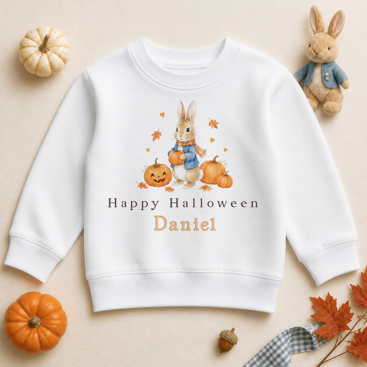 Personalised Bunny Halloween Kids Sweatshirt, Blue Coat Scarf and Pumpkins
