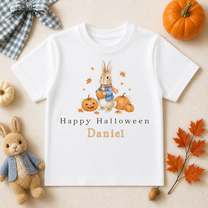 Personalised Happy Halloween Kids T-Shirt, Bunny with Scarf Holding a Pumpkin