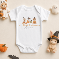 Personalised My First Halloween Baby Vest Bodysuit, Boo Bear Ghost and Bunny in Witch Hats